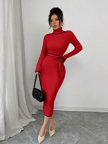 Elenzga Women's Elegant High Neck Fitted Ribbed Texture Bowknot Knit Sweater Dress - Red - View 5