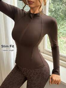 Slayform 女式纯色长袖拉链夹克、豹纹运动胸罩和紧身裤套装 - 棕色 - 查看 4