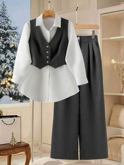 GlowEve 2pcs Women's Gray & White High Street Vintage Coin Design Vest Top And Wide Leg Pants Set, Suitable For Autumn/Winter Seasons, Casual Wear, Office, Commute, Leisure, Home - LilyWest
