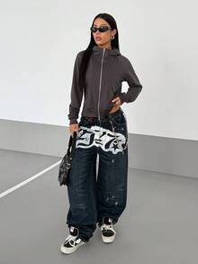 StreetHx 复古美式设计休闲女式深灰色连帽运动衫夹克，秋季 - 灰色 - 查看 4