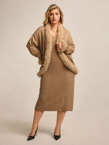 Juhart Elegant Knit Set For Winter, Camel Fuzzy Collar Cardigan Paired With Cable Slip Dress, Exuding Sophistication And Femininity, Suitable For Commute And Dates In Autumn/Winter - Khaki - View 5