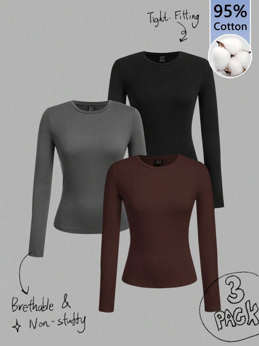 Tseoso 3件套黑色休闲长袖修身长T恤套装，适合秋冬季，95%纯棉 - 彩色 - 查看 1