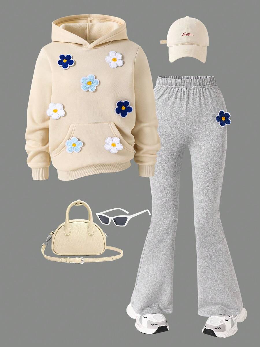 2pcs Girls Colorful Floral Print Hoodie Sweatshirt And Pants Casual Outfit - Apricot - View 1