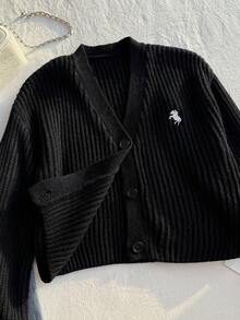 SHEIN 1 pièce Cardigan court oversize à col en V pour filles, veste en tricot noire ample à manches longues de style minimaliste mode avec motif de broderie de cheval, épaisseur régulière, ourlet et poignets soignés, couleur unie, polyvalent pour le port quotidien, la maison, les rassemblements, automne/hiver - Noir - Voir 5