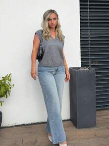 Jeta Ari Quần Jeans Ống Thẳng Rộng Thường Ngày Có Trang Trí Đá Rhinestone Cho Nữ, Phong Cách Đường Phố - Rửa trung bình - Xem 4