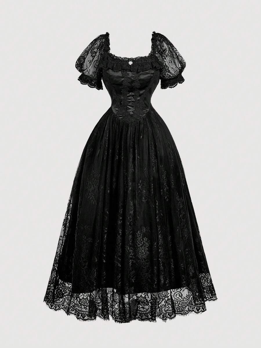 SHEIN MOD Plus Size Black Autumn Elegant Formal Evening Night Out Club Lace Patchwork Satin Dress, Ruffled Hem Bow Accent Wedding Guest Prom Dresses - Black - View 1