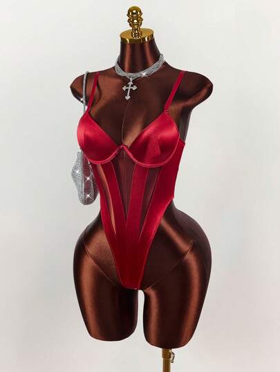 Amplova Body de mujer de unicolor con parches de malla, tirantes finos sexy