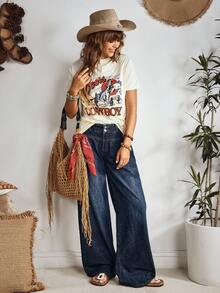 EMERY ROSE Damskie jeansy z szerokimi nogawkami i kieszeniami, luźne, uniwersalne - Ciemny jeans - Zobacz 2