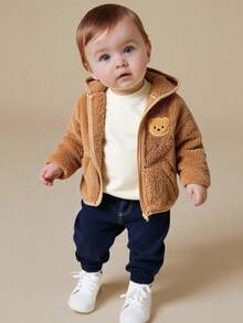 SHEIN 男婴幼儿新生儿0-3岁可爱休闲日常百搭泰迪熊刺绣羊毛连帽夹克 - 棕色 - 查看 3