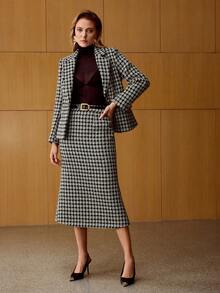 MOTF PREMIUM 女士优雅通勤格纹羊毛混纺花呢西装外套，冬季
