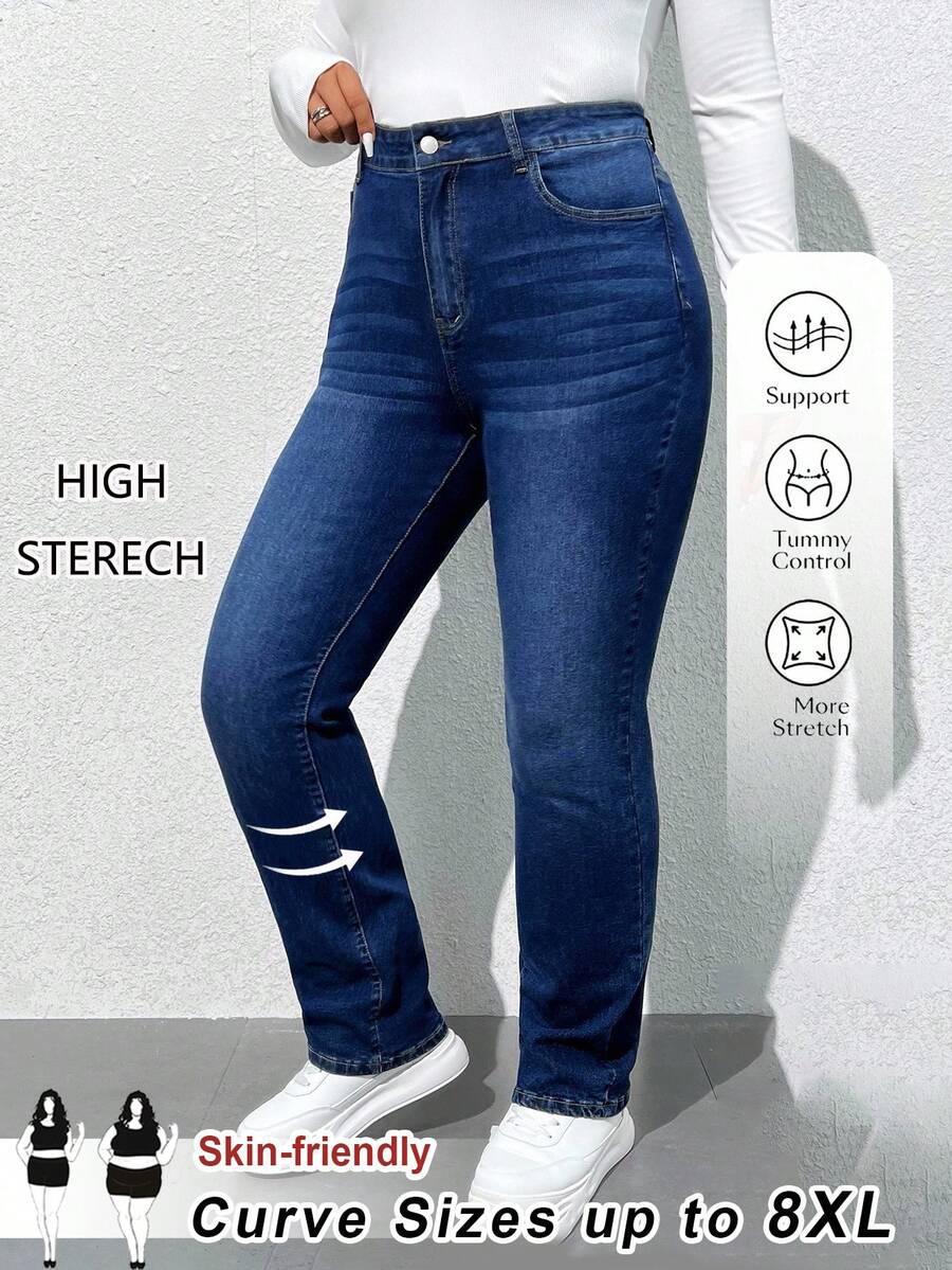 SHEIN CURVE+ 大码休闲水洗修身弹力牛仔裤 - 藍色 - 查看 1