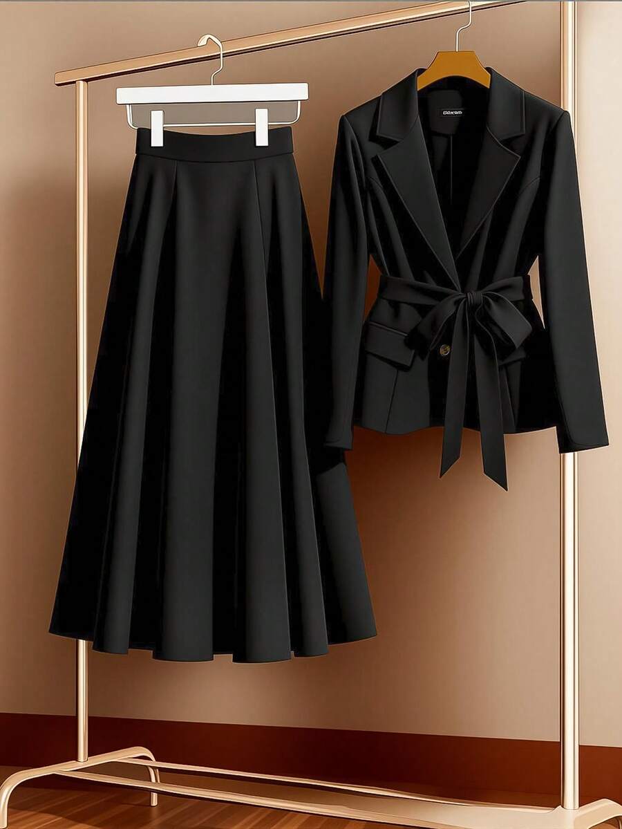 GlowEve CURVE Vest cổ ve màu trơn tay dài có thắt lưng và chân váy midi thanh lịch cho nữ cỡ lớn - màu đen - Xem 1