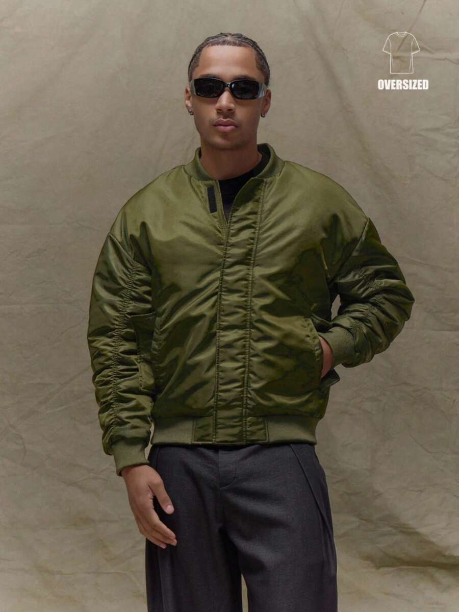 Musero Oversized Shine Down Ruched Sleeve Bomber Jacket Hidden Zip Detailing Fall/SPRING SUMMER - Army Green - View 1