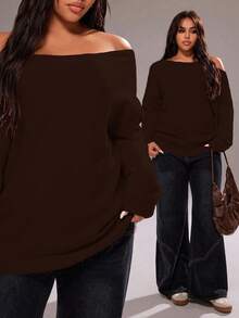 Rustia Plus Size Solid Color Pink Sexy Simple Asymmetric Batwing Sleeve Pullover Sweater - Coffee Brown - View 1