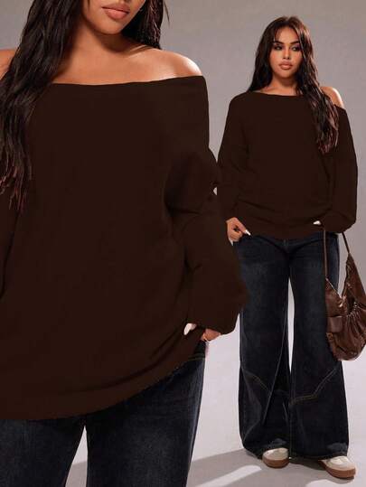 Rustia Plus Size Solid Color Pink Sexy Simple Asymmetric Batwing Sleeve Pullover Sweater