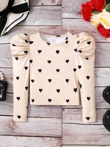 SHEIN Emery Rose Kids 少女心形图案方领羊腿袖休闲T恤 - 杏色 - 查看 3