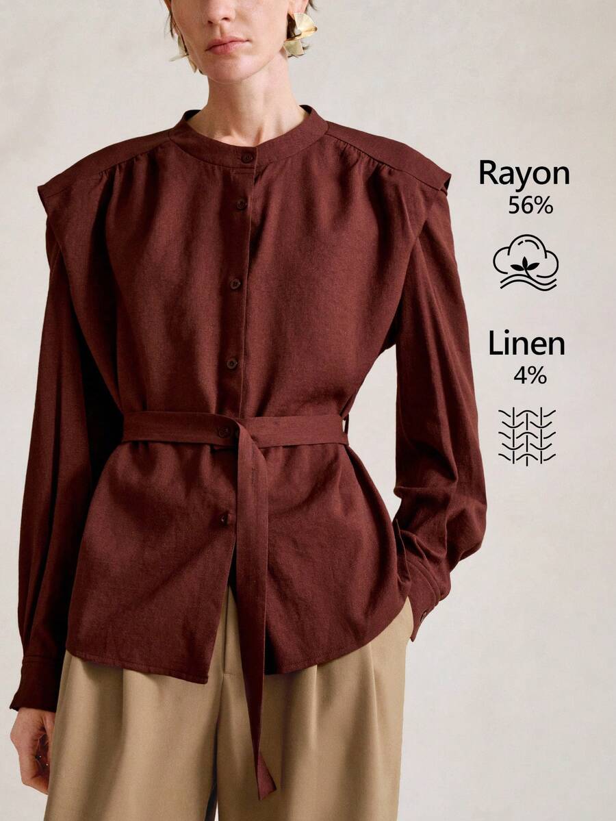 SHEIN Stylify Women's Autumn/Winter Linen Blend Cinched Waist Single-Breasted Shirt Dress With Belt, Casual Midi Dress In Brown, Suitable For Business Meetings, Weddings, Galas, Commuting, Graduations, Holidays, Dates, Parties - Brown - View 1
