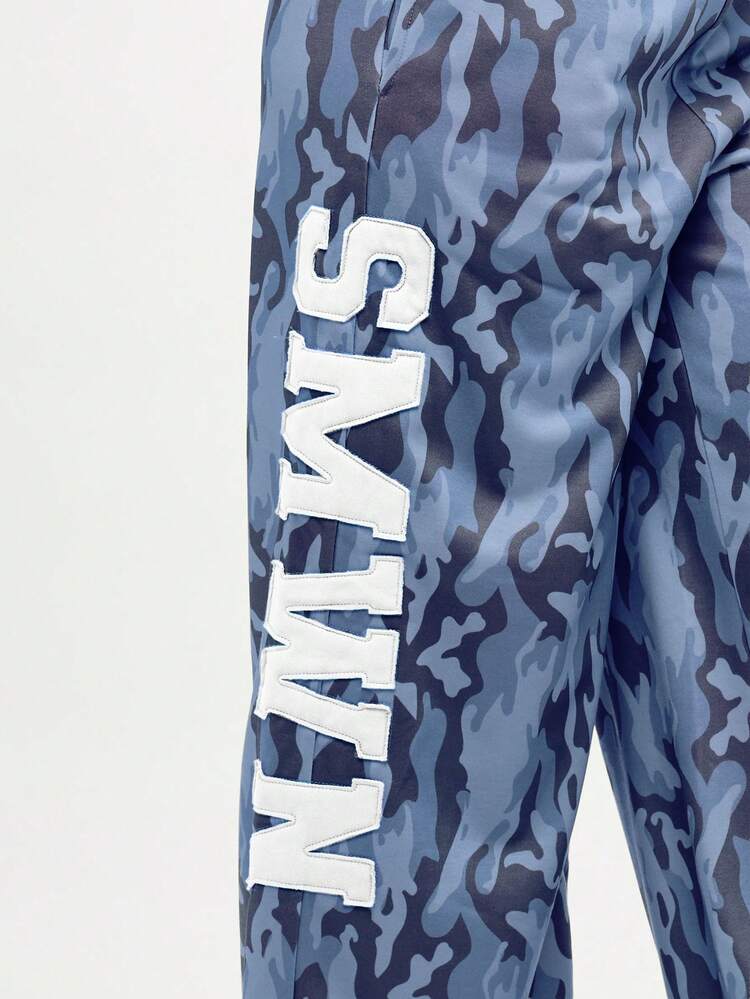 SUMWON Wide Leg Camouflage Sweatpants With Raw Edge Applique Text Detail Loose Fit Casual Joggers For Streetwear Fashion