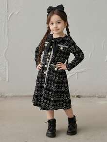 SHEIN Serisse Kids 年轻女孩优雅黑色粗花呢长袖中长连衣裙，适合派对、生日、圣诞节、活动、聚会、野餐、姐妹装 - 黑色 - 查看 11