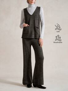 SHEIN LUNE 2件套女士V领无袖针织宽松口袋休闲毛衣套装 - 灰色 - 查看 1