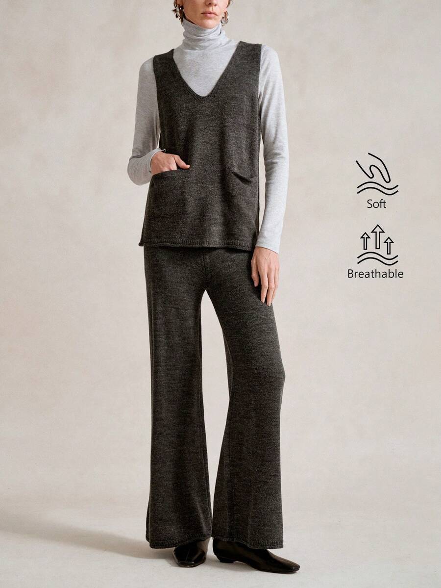 SHEIN LUNE 2件套女士V领无袖针织宽松口袋休闲毛衣套装 - 灰色 - 查看 1