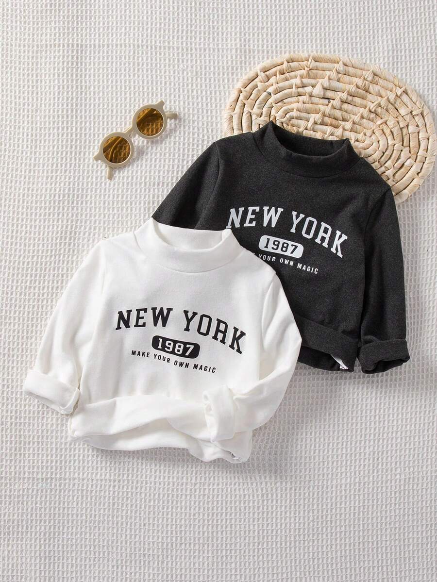 2 件装小男孩柔软针织圆领长袖上衣，英文字母刺绣，时尚白灰组合，秋冬汗衫