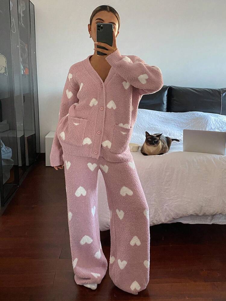 Women's Heart Pattern Knitted Loose Pajama Set, Winter, Fall Clothes