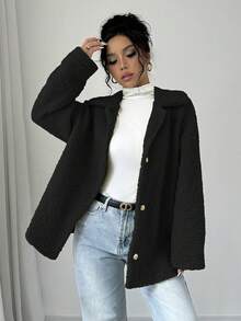 Elenzga Women's Solid Color Casual Button-Up Lapel Faux Shearling Jacket, Autumn/Winter - Black - View 5