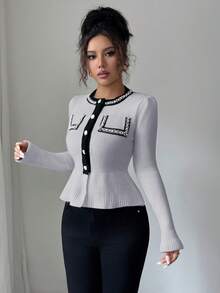 Elenzga Women's Contrast Color Faux Pearl Waist Ruffle Hem Knit Cardigan - Grey - View 5