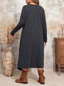 EMERY ROSE 大码休闲圆领长袖时尚舒适秋季连衣裙 - 深灰色 - 查看 2