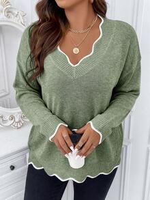 Calvaya Plus Size Casual Color Block V-Neck Drop Shoulder Sweater, Autumn/Winter - Mint Green - View 1
