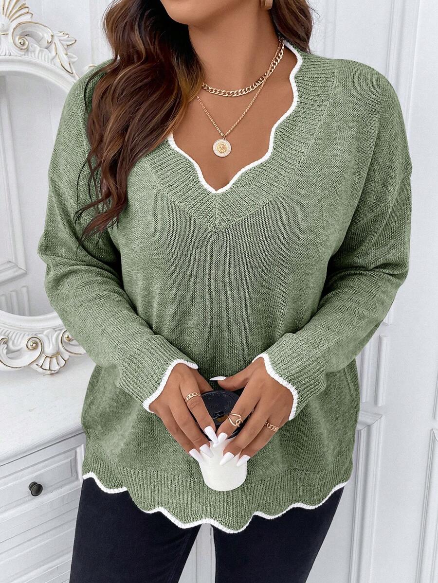 Calvaya Plus Size Casual Color Block V-Neck Drop Shoulder Sweater, Autumn/Winter - Mint Green - View 1