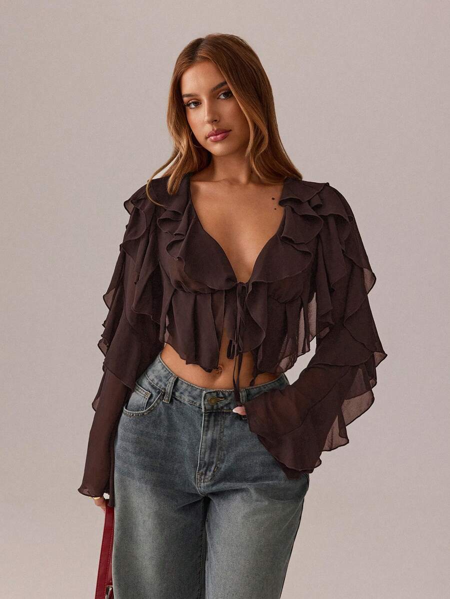 SHEIN SXY Black Top;Fall Women Clothes;Crop Tops;Holiday Costume Party Gathering Black Mesh See-Through Lotus Leaf Strap Deep V Neck Women Sexy Long Sleeve Shirt Brown Blouses Ruffle Tops Sexy Blouses Dark Brown Top Chocolate Brown Top - Brown - View 1