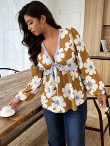 SHEIN LUNE Plus Size Women Casual Floral Print Ruffle Trim Tie Front Long Sleeve Shirt - Multicolor - View 7