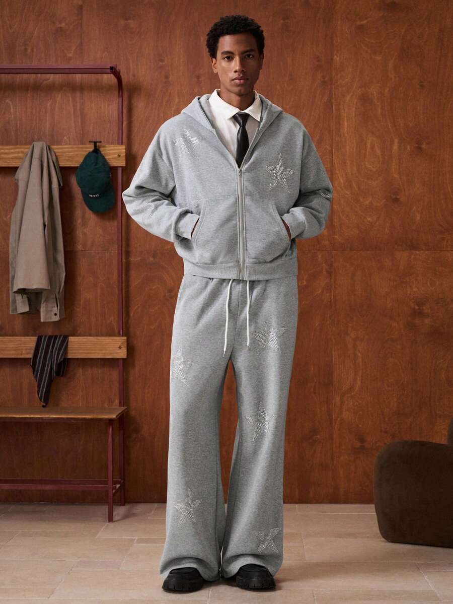 SWAVVY 2pcs Men's Casual Sweatsuit Set, Embellished With Rhinestones All Over, Light Gray, Spring/Autumn - Light Grey - View 1