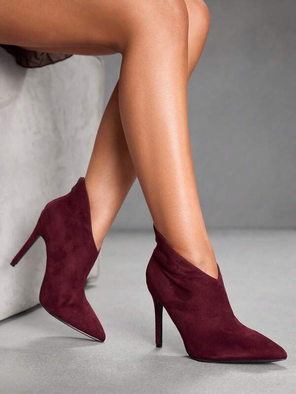 CUCCOO SZL Botas de tobillo y botas cortas de tacón de aguja de punta fina, minimalistas y sexys, de color borgoña, para fiestas
