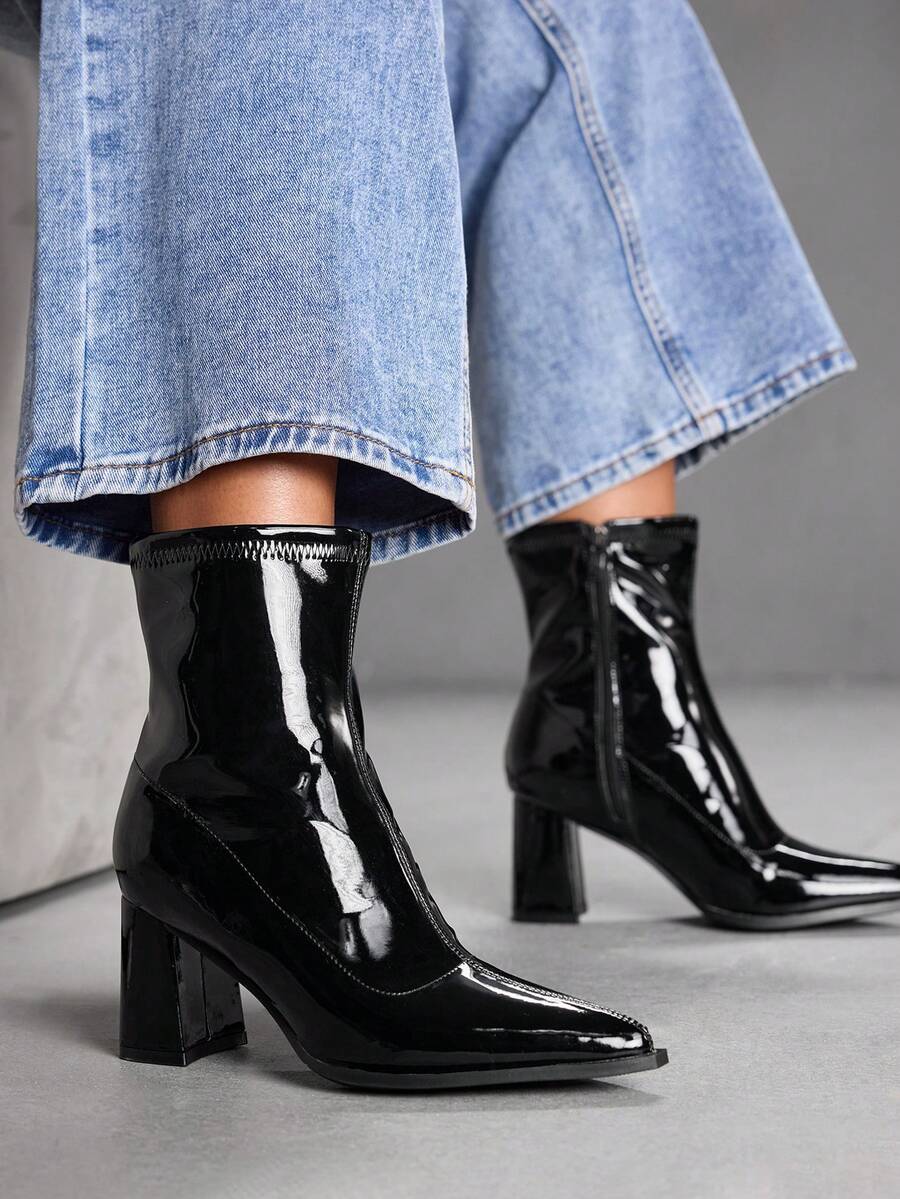 CUCCOO SZL 尖头侧拉链亮面 PU 材质黑色性感派对中跟及小腿靴，女式，冬季 - 黑色 - 查看 1