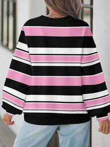 EMERY ROSE Sudadera de talla grande con estampado de bloques de color a rayas de estilo minimalista casual, adecuada para otoño/invierno - Multicolor - Ver 2