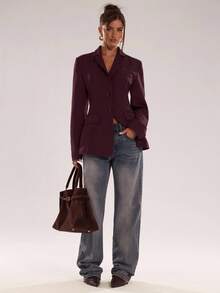 SHEIN BAE Women's Solid Color Front Button Fitted Long Sleeve Blazer - Red Violet - View 5
