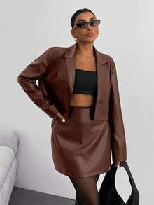 EURMUSE 2 Pcs, Solid Pu Leather Jacket & Skirt For Autumn - Brown - View 5
