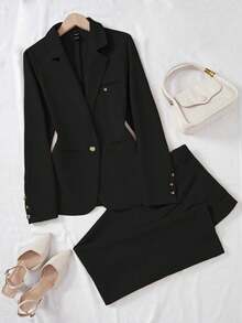 Franclia 休闲纯色西装外套和长裤套装 - 黑色 - 查看 7