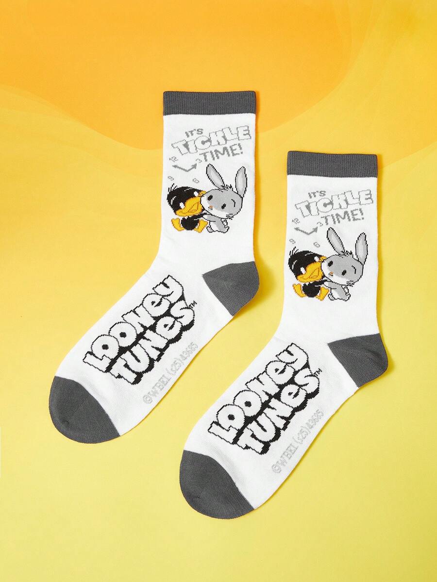LOONEY TUNES X SHEIN Damen Socken mit Buchstaben- und Cartoon-Muster in Farbblock - Weiss - Übersicht 1