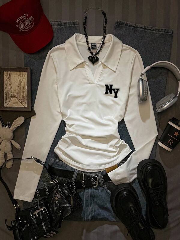 Attitoon Estilo retro casual, estilo minimalista, estilo universitario con estampado de logotipo NY, estampado de patrón de logotipo NY, polo de moda casual para mujer, camiseta de manga larga versátil, adecuada para otoño/invierno, atuendo para el aeropuerto