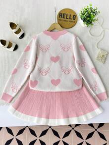 Girls Heart Pattern Crew Neck Sweater & Pleated Skirt 2-Piece Set, Fashion & Stylish, Autumn/Winter - Pink - View 2