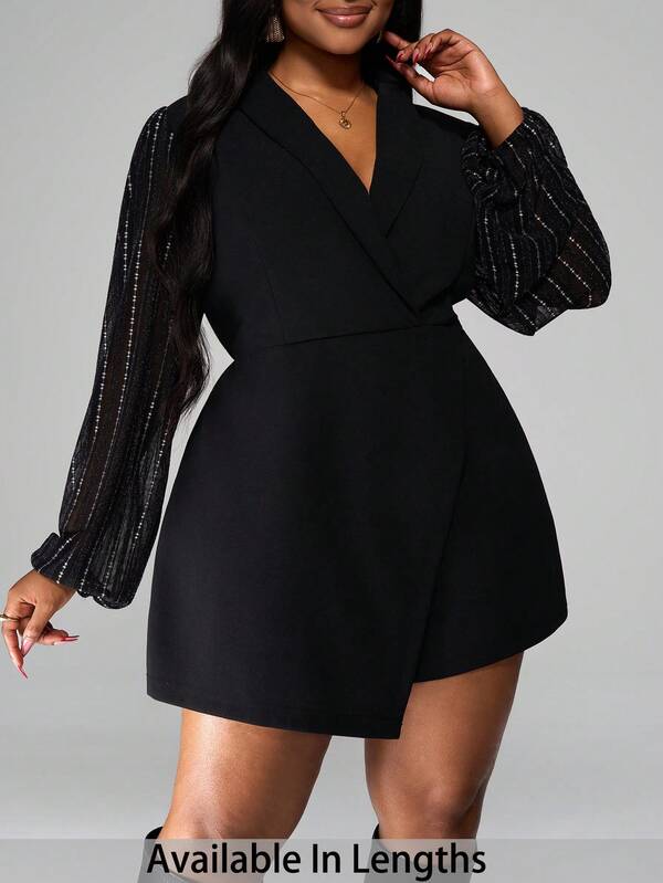 SHEIN PETITE CURVE Plus Size Solid Color Mesh Patchwork Criss-Cross Wrap Elegant Long Sleeve Jumpsuit