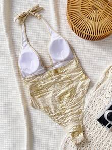 Swim SXY Bonvoyette-D V-Neck Tie-Front Pearl Accent Sexy High Cut Casual Beach Bikini One-Piece Swimsuit, Spring/Summer - Gold - View 2