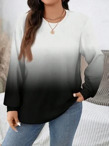 EMERY ROSE Plus Size Women's Monochrome Striped Print Crew Neck Sweatshirt,White Autumn Loose Fit Long Sleeve Top,Smart Casual Everyday Winter Pullover Tops - Multicolor - View 1
