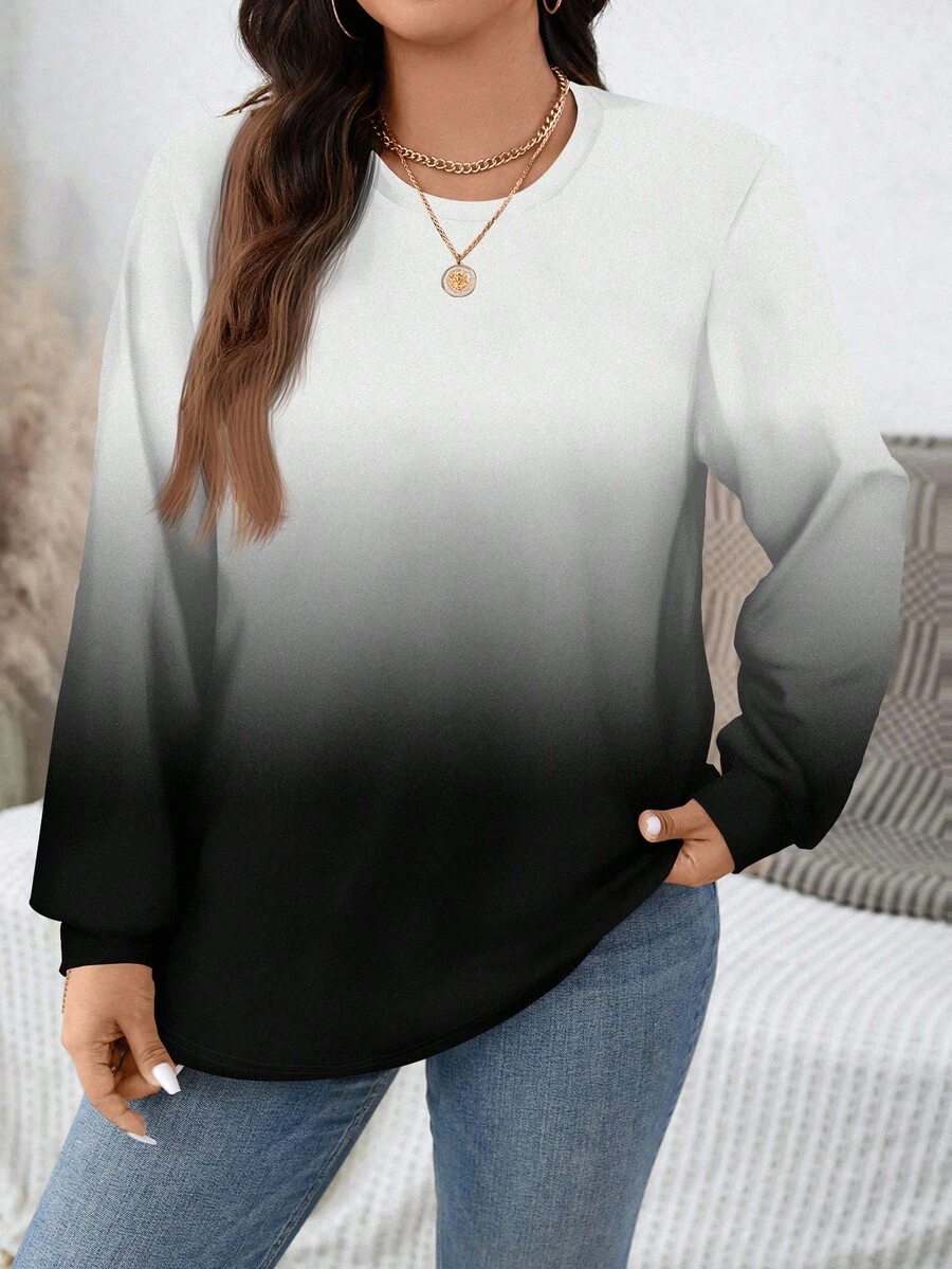EMERY ROSE Plus Size Women's Monochrome Striped Print Crew Neck Sweatshirt,White Autumn Loose Fit Long Sleeve Top,Smart Casual Everyday Winter Pullover Tops - Multicolor - View 1