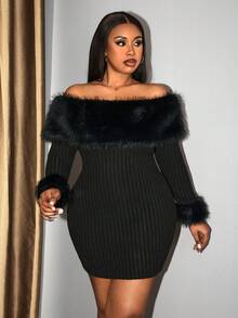 Hourglow Christmas Plus Size Elegant Commuter Fuzzy Patchwork Off-Shoulder Fitted Dress