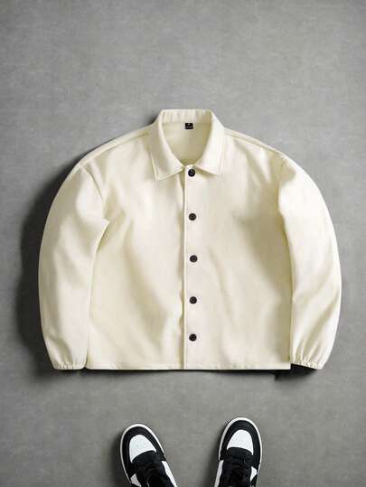 Manfinity EMRG 男士休闲落肩基本款纽扣夹克 春秋复古都市风长袖衬衫 男士宽松衬衫 米色纽扣衬衫 男士衬衫式长袖衬衫